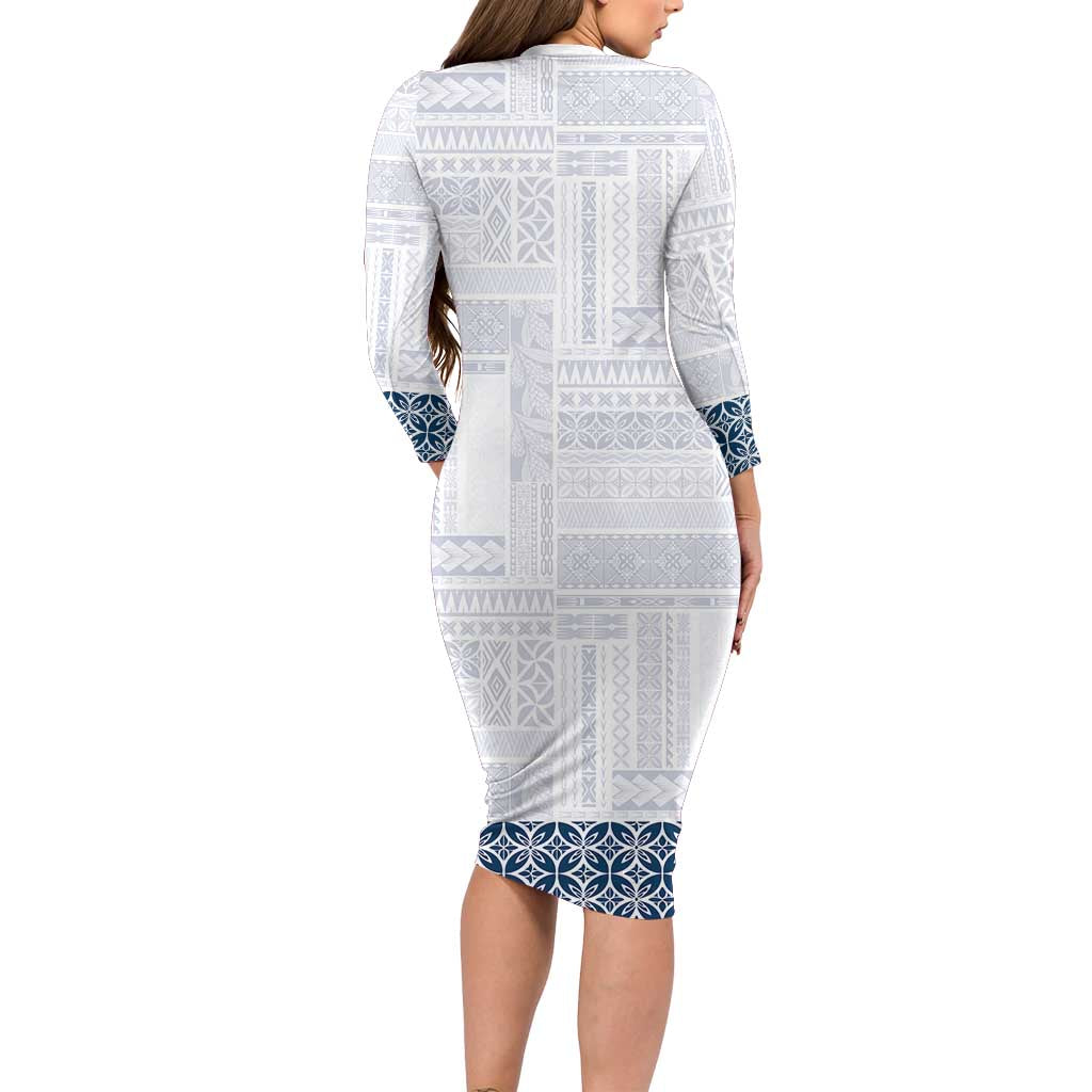 Samoa Siapo Blue Trimmed Family Matching Long Sleeve Bodycon Dress and Hawaiian Shirt Samoa White Sunday - Polynesian Pride
