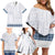 Samoa Siapo Blue Trimmed Family Matching Off Shoulder Short Dress and Hawaiian Shirt Samoa White Sunday - Polynesian Pride