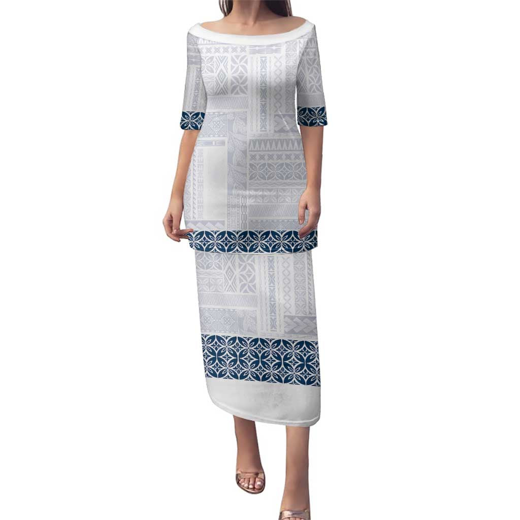 Samoa Siapo Blue Trimmed Family Matching Puletasi and Hawaiian Shirt Samoa White Sunday - Polynesian Pride