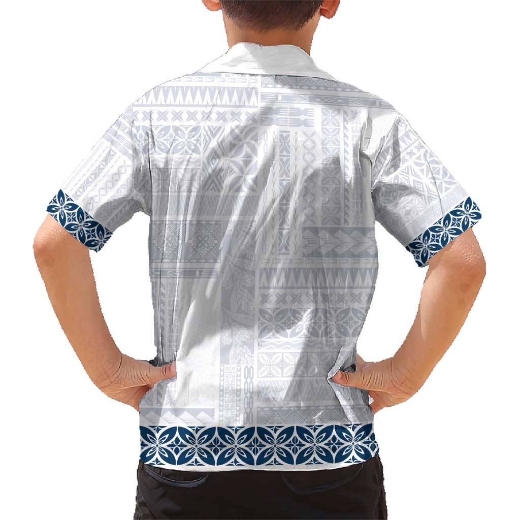 Samoa Siapo Blue Trimmed Family Matching Short Sleeve Bodycon Dress and Hawaiian Shirt Samoa White Sunday - Polynesian Pride