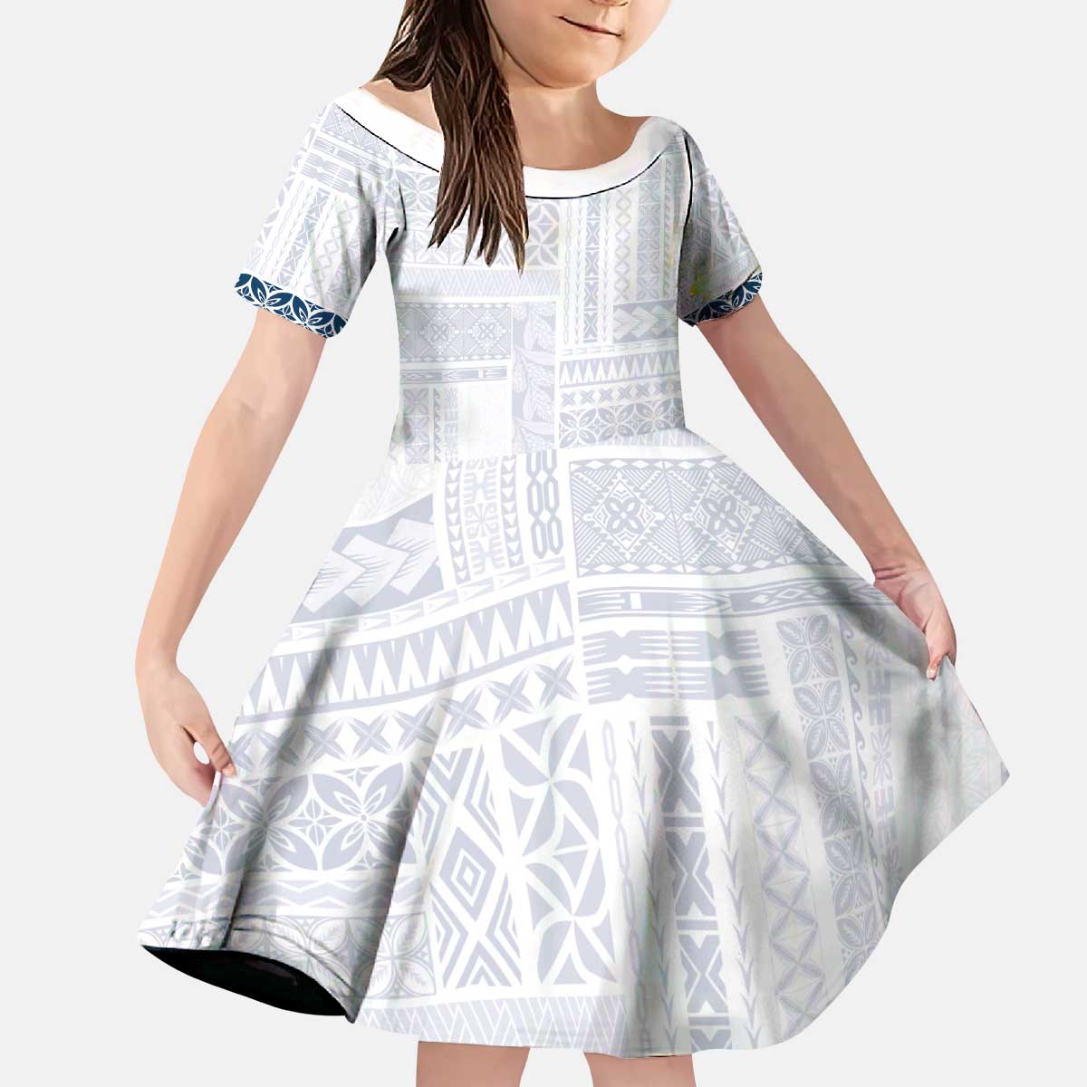 Samoa Siapo Blue Trimmed Kid Short Sleeve Dress Samoa White Sunday - Polynesian Pride