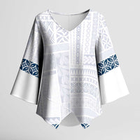 Samoa Siapo Blue Trimmed Kimono Sleeve Blouse Samoa White Sunday - Polynesian Pride