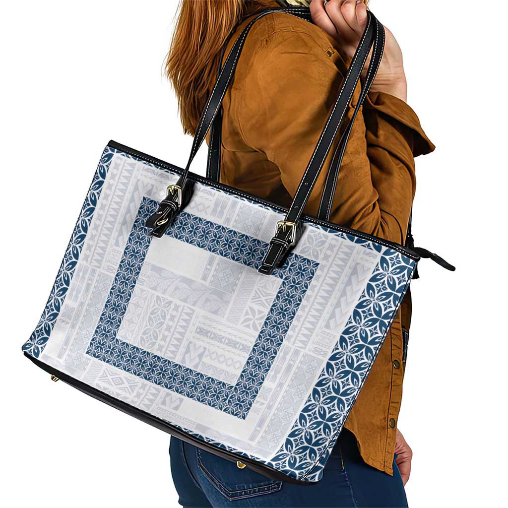 Samoa Siapo Blue Trimmed Leather Tote Bag Samoa White Sunday - Polynesian Pride