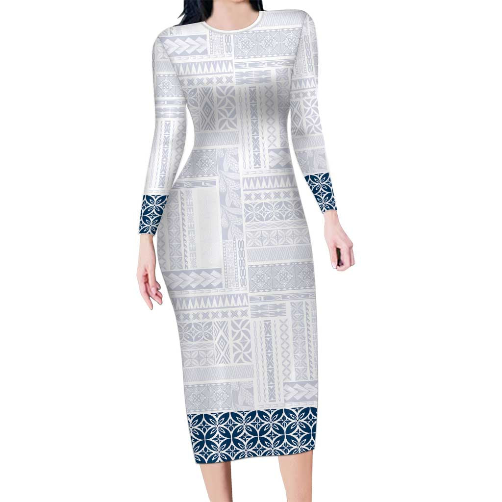 Samoa Siapo Blue Trimmed Long Sleeve Bodycon Dress Samoa White Sunday - Polynesian Pride