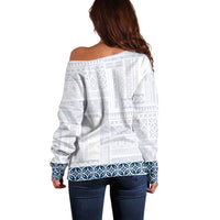 Samoa Siapo Blue Trimmed Off Shoulder Sweater Samoa White Sunday - Polynesian Pride