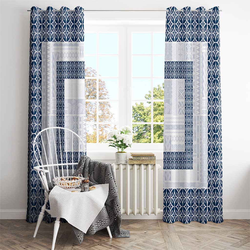 Samoa Siapo Blue Trimmed Window Curtain Samoa White Sunday - Polynesian Pride