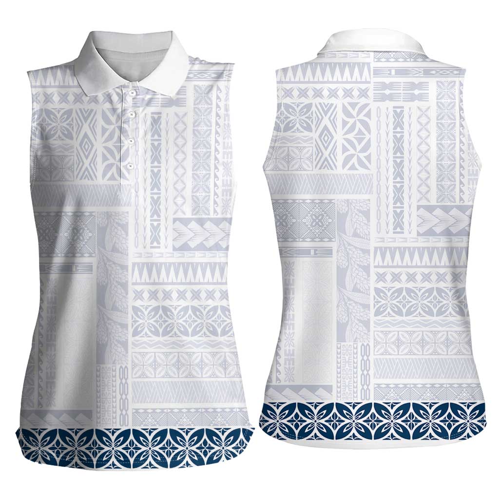 Samoa Siapo Blue Trimmed Women Sleeveless Polo Shirt Samoa White Sunday - Polynesian Pride