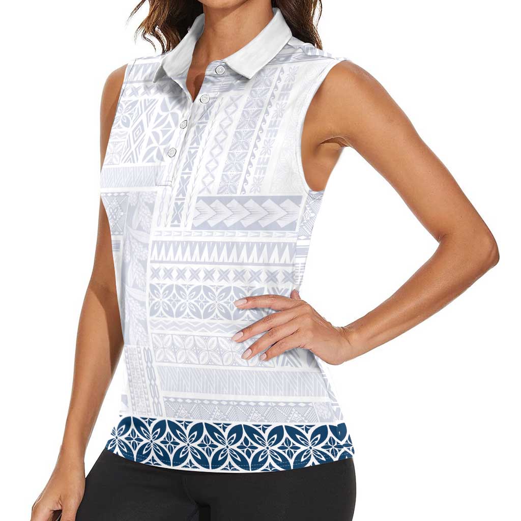 Samoa Siapo Blue Trimmed Women Sleeveless Polo Shirt Samoa White Sunday - Polynesian Pride