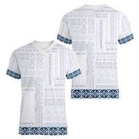 Samoa Siapo Blue Trimmed Women V-Neck T-Shirt Samoa White Sunday - Polynesian Pride