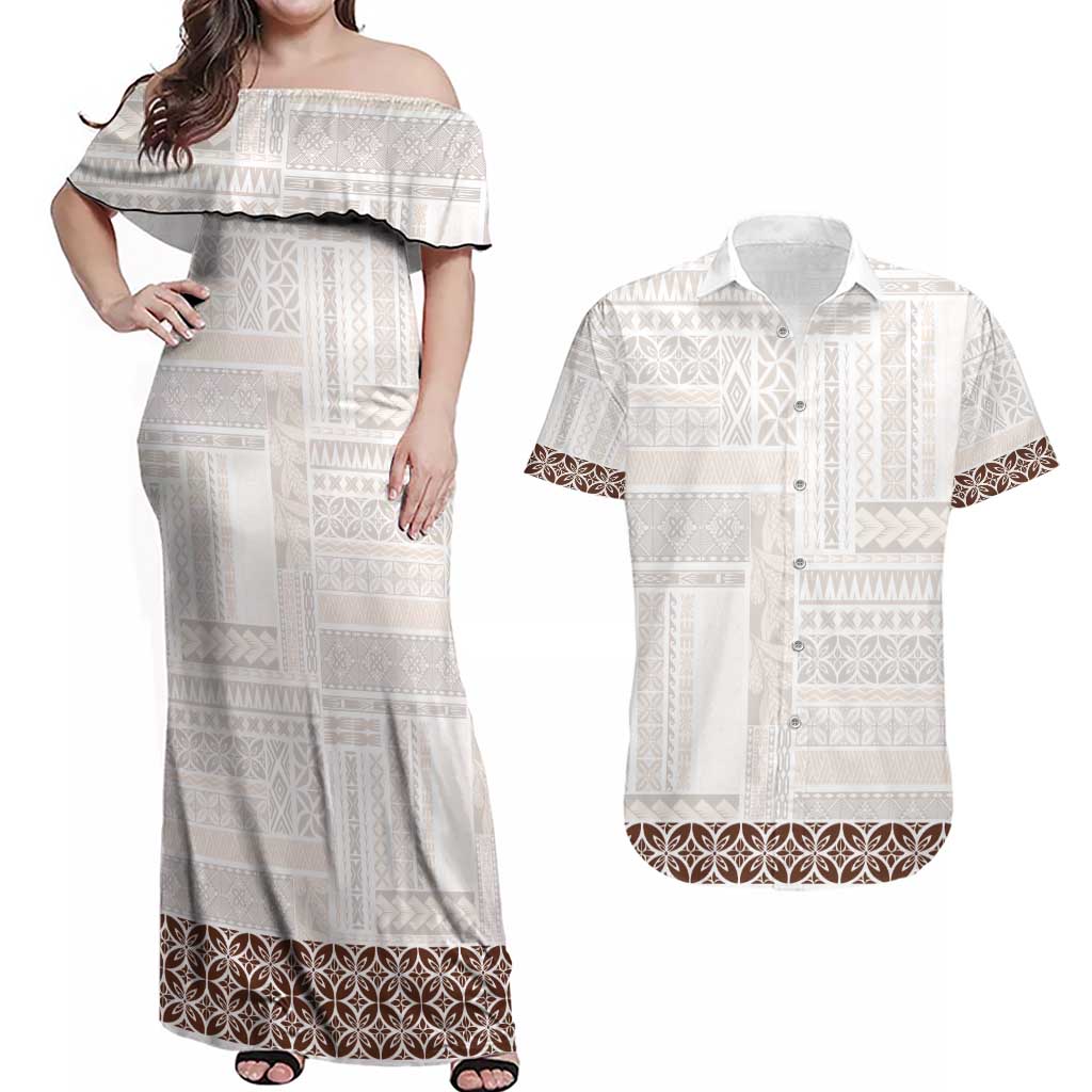 Samoa Siapo Brown Trimmed Couples Matching Off Shoulder Maxi Dress and Hawaiian Shirt Samoa White Sunday - Polynesian Pride