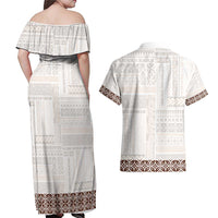 Samoa Siapo Brown Trimmed Couples Matching Off Shoulder Maxi Dress and Hawaiian Shirt Samoa White Sunday - Polynesian Pride