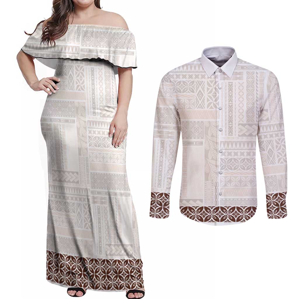 Samoa Siapo Brown Trimmed Couples Matching Off Shoulder Maxi Dress and Long Sleeve Button Shirt Samoa White Sunday - Polynesian Pride