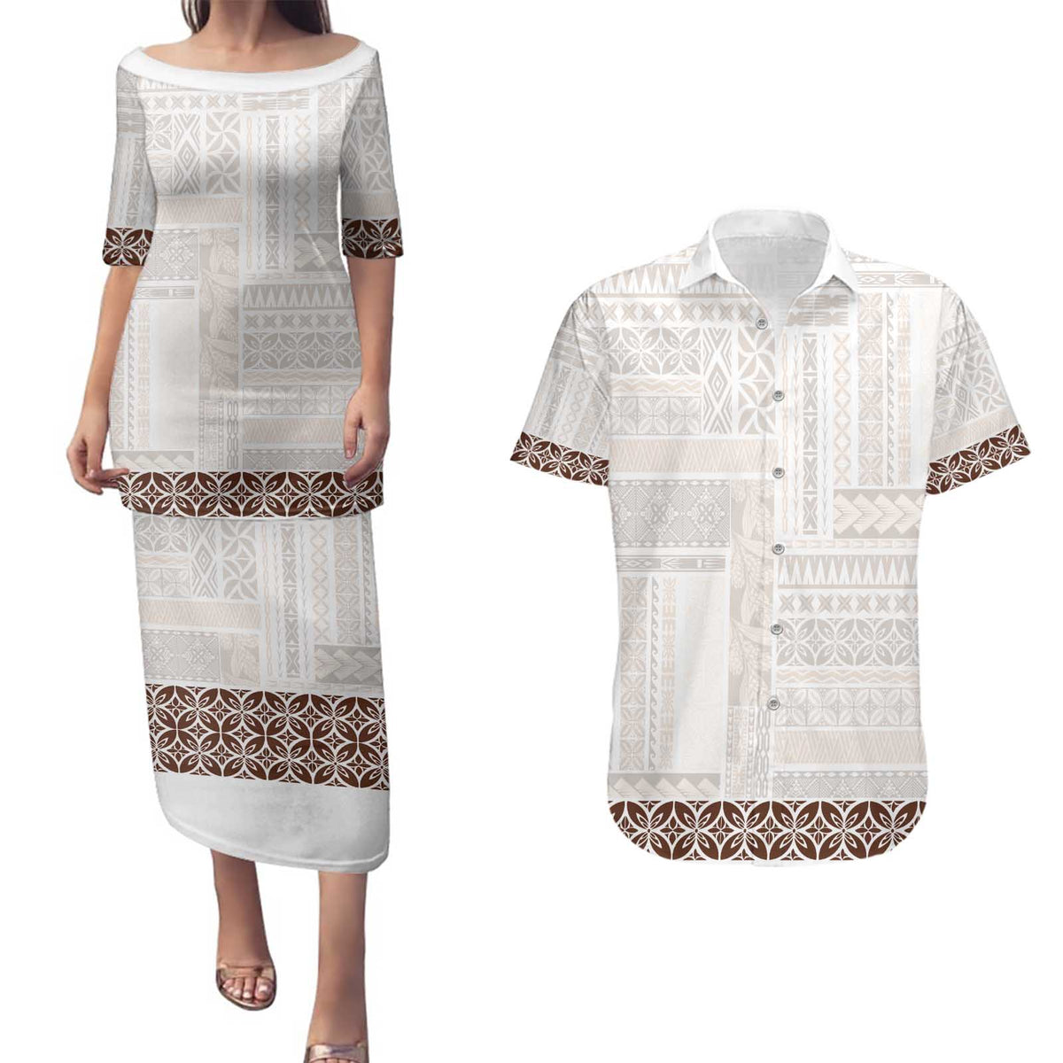 Samoa Siapo Brown Trimmed Couples Matching Puletasi and Hawaiian Shirt Samoa White Sunday - Polynesian Pride