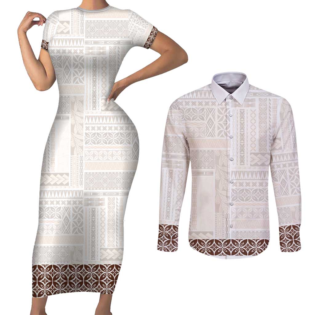 Samoa Siapo Brown Trimmed Couples Matching Short Sleeve Bodycon Dress and Long Sleeve Button Shirt Samoa White Sunday - Polynesian Pride