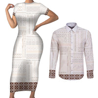 Samoa Siapo Brown Trimmed Couples Matching Short Sleeve Bodycon Dress and Long Sleeve Button Shirt Samoa White Sunday - Polynesian Pride