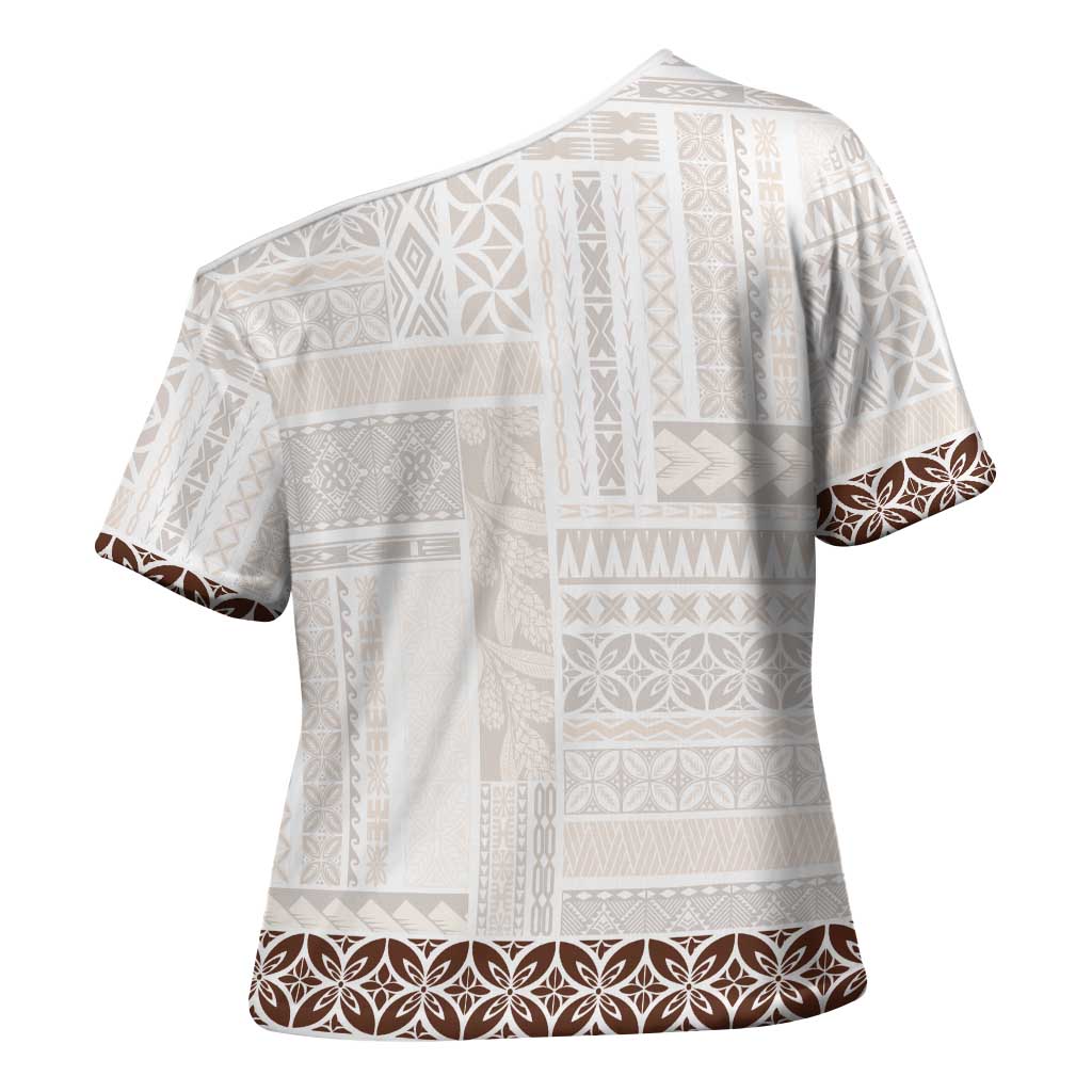 Samoa Siapo Brown Trimmed Cross Shoulder Shirt Samoa White Sunday - Polynesian Pride