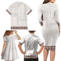Samoa Siapo Brown Trimmed Family Matching Long Sleeve Bodycon Dress and Hawaiian Shirt Samoa White Sunday - Polynesian Pride