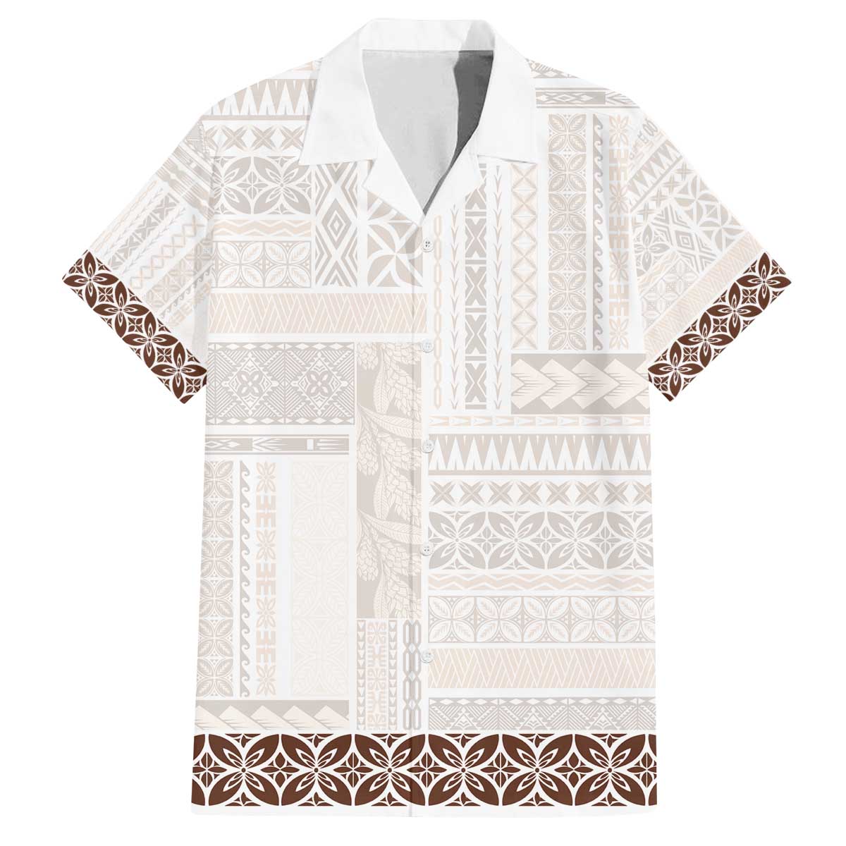 Samoa Siapo Brown Trimmed Family Matching Off The Shoulder Long Sleeve Dress and Hawaiian Shirt Samoa White Sunday - Polynesian Pride