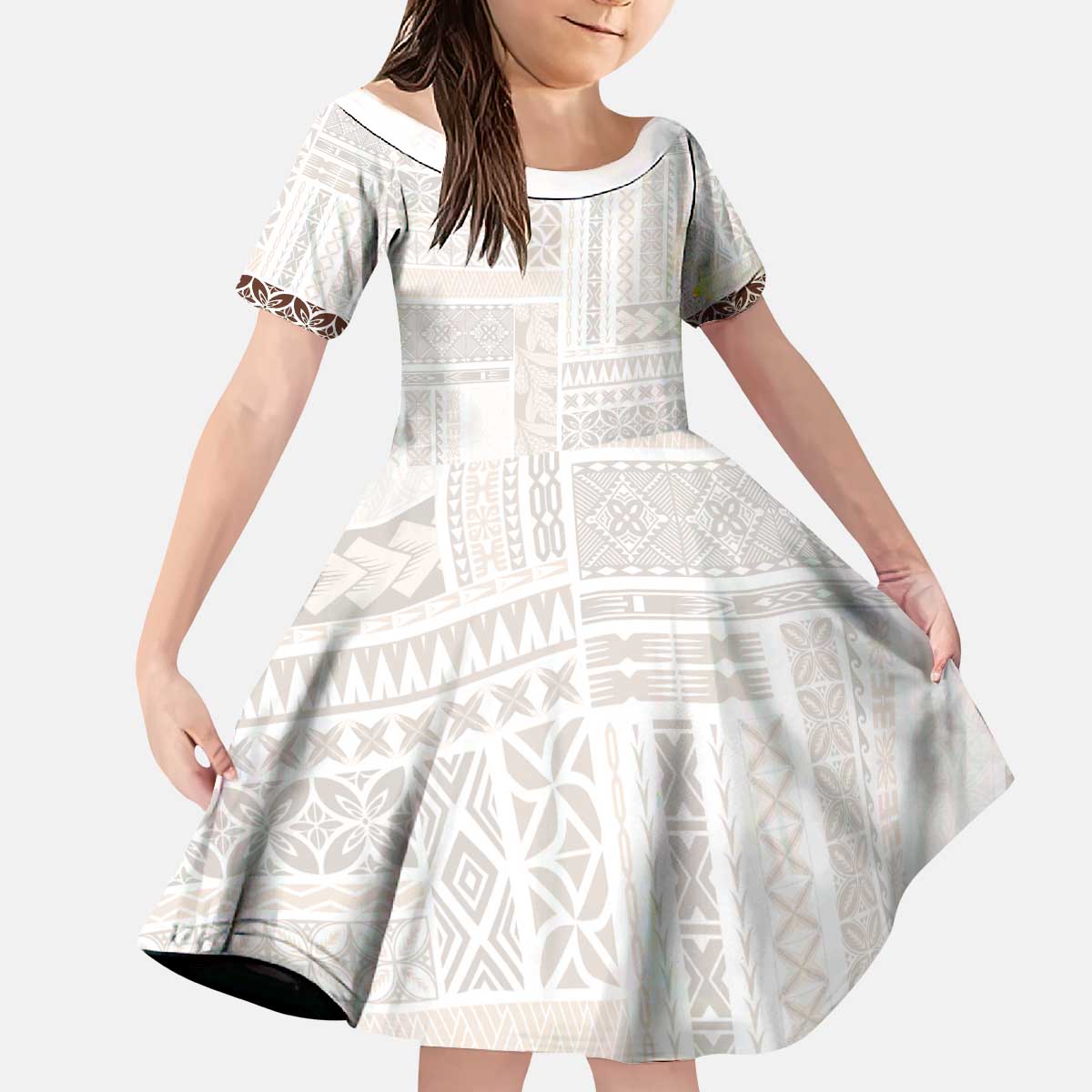 Samoa Siapo Brown Trimmed Kid Short Sleeve Dress Samoa White Sunday - Polynesian Pride