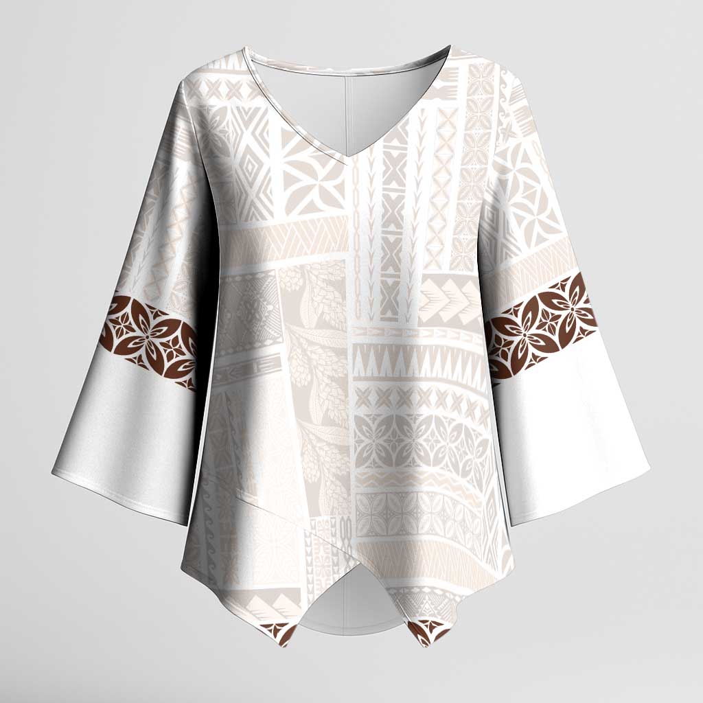 Samoa Siapo Brown Trimmed Kimono Sleeve Blouse Samoa White Sunday - Polynesian Pride