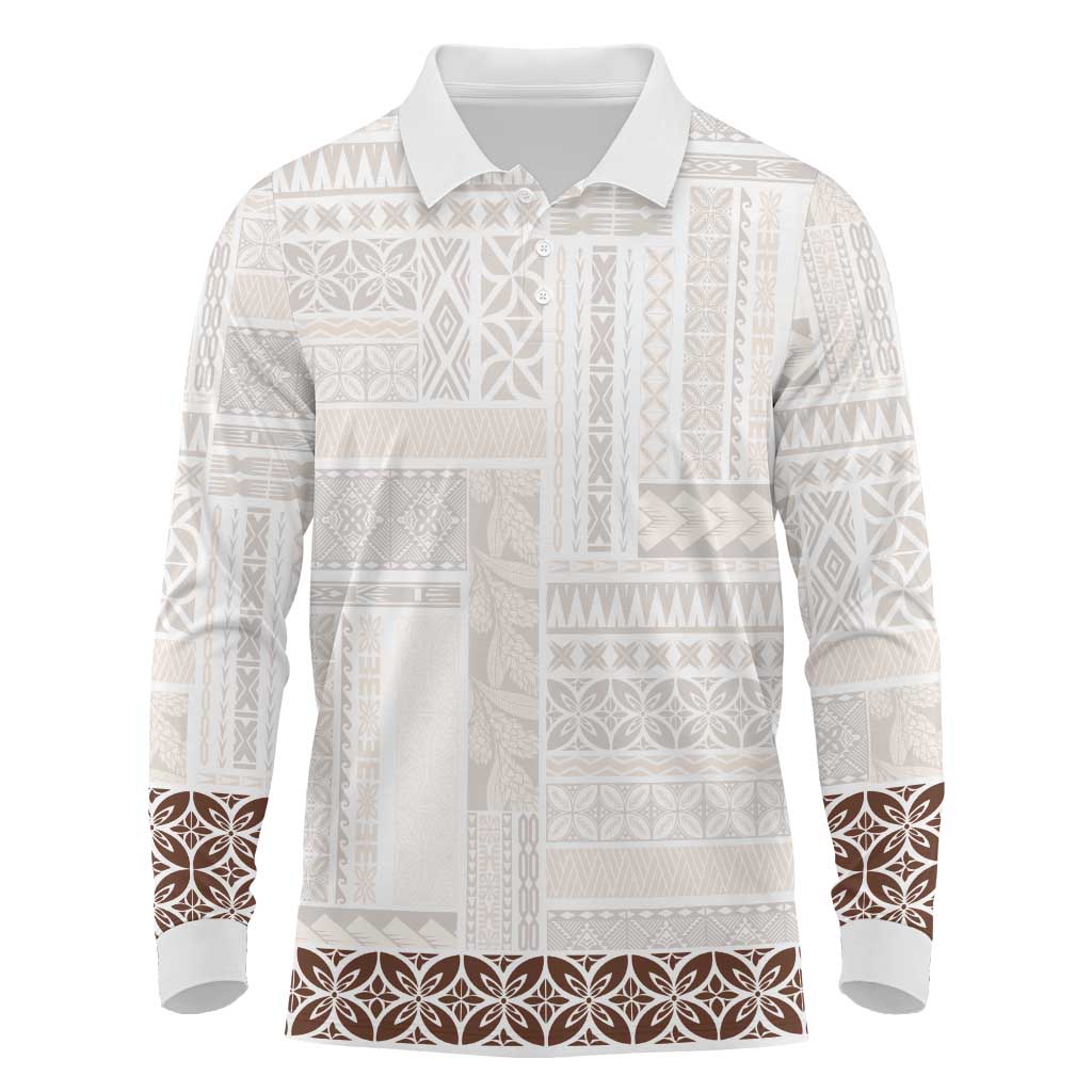 Samoa Siapo Brown Trimmed Long Sleeve Polo Shirt Samoa White Sunday - Polynesian Pride