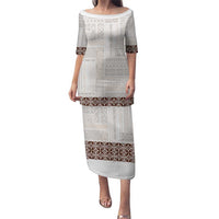 Samoa Siapo Brown Trimmed Puletasi Samoa White Sunday - Polynesian Pride