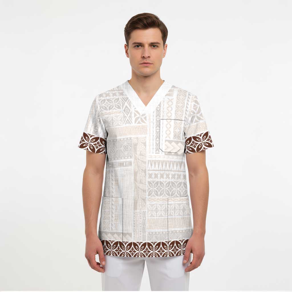 Samoa Siapo Brown Trimmed Scrub Top Samoa White Sunday - Polynesian Pride