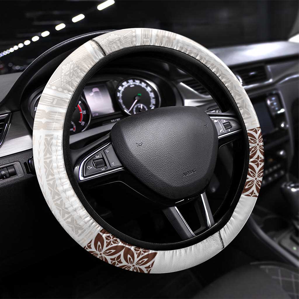 Samoa Siapo Brown Trimmed Steering Wheel Cover Samoa White Sunday - Polynesian Pride