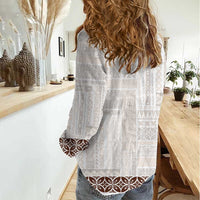 Samoa Siapo Brown Trimmed Women Casual Shirt Samoa White Sunday - Polynesian Pride