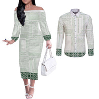 Samoa Siapo Green Trimmed Couples Matching Off The Shoulder Long Sleeve Dress and Long Sleeve Button Shirt Samoa White Sunday - Polynesian Pride