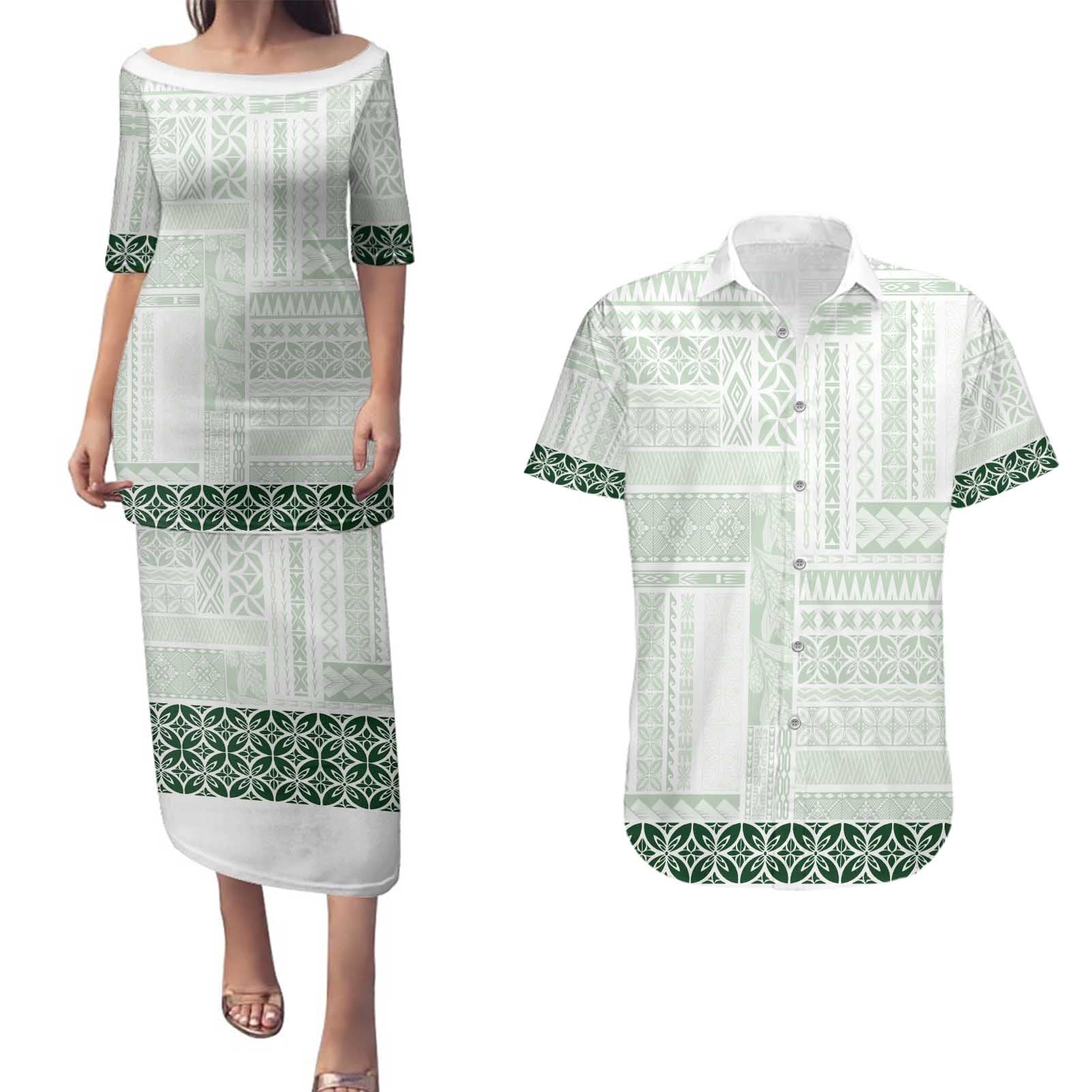 Samoa Siapo Green Trimmed Couples Matching Puletasi and Hawaiian Shirt Samoa White Sunday - Polynesian Pride