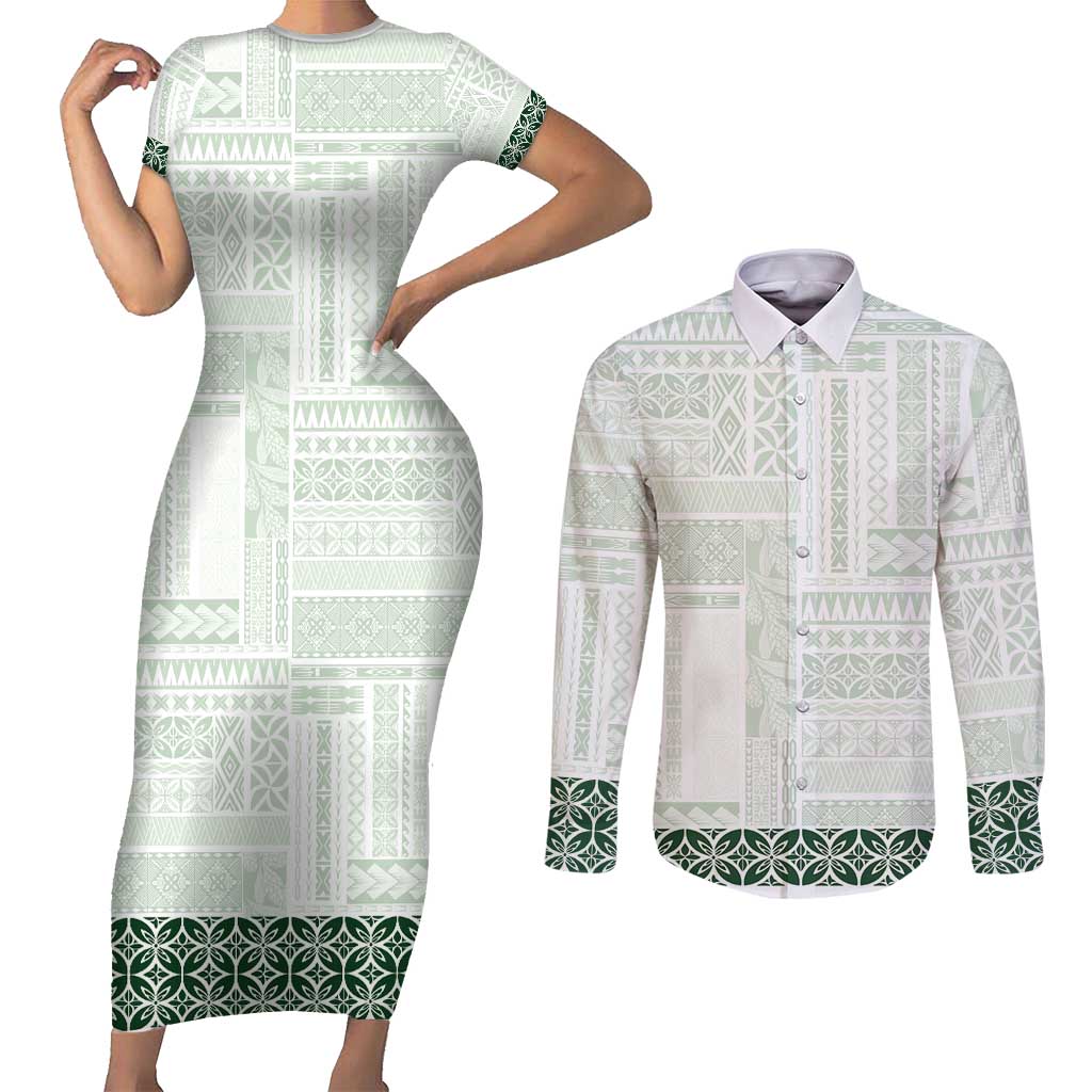 Samoa Siapo Green Trimmed Couples Matching Short Sleeve Bodycon Dress and Long Sleeve Button Shirt Samoa White Sunday - Polynesian Pride