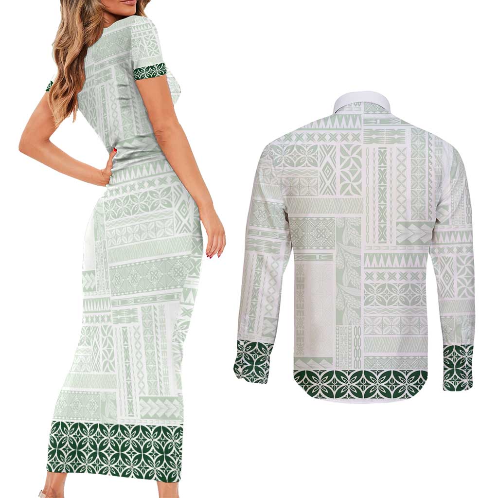 Samoa Siapo Green Trimmed Couples Matching Short Sleeve Bodycon Dress and Long Sleeve Button Shirt Samoa White Sunday - Polynesian Pride