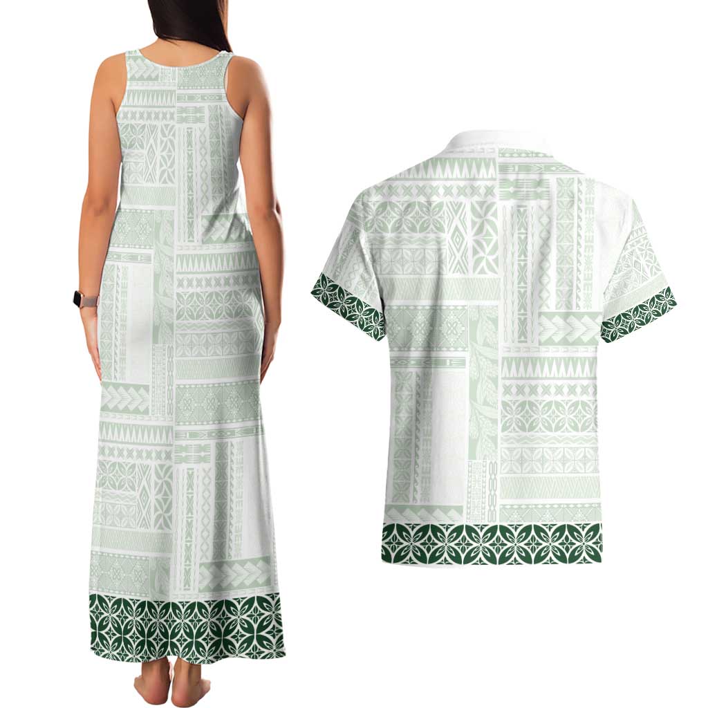 Samoa Siapo Green Trimmed Couples Matching Tank Maxi Dress and Hawaiian Shirt Samoa White Sunday - Polynesian Pride