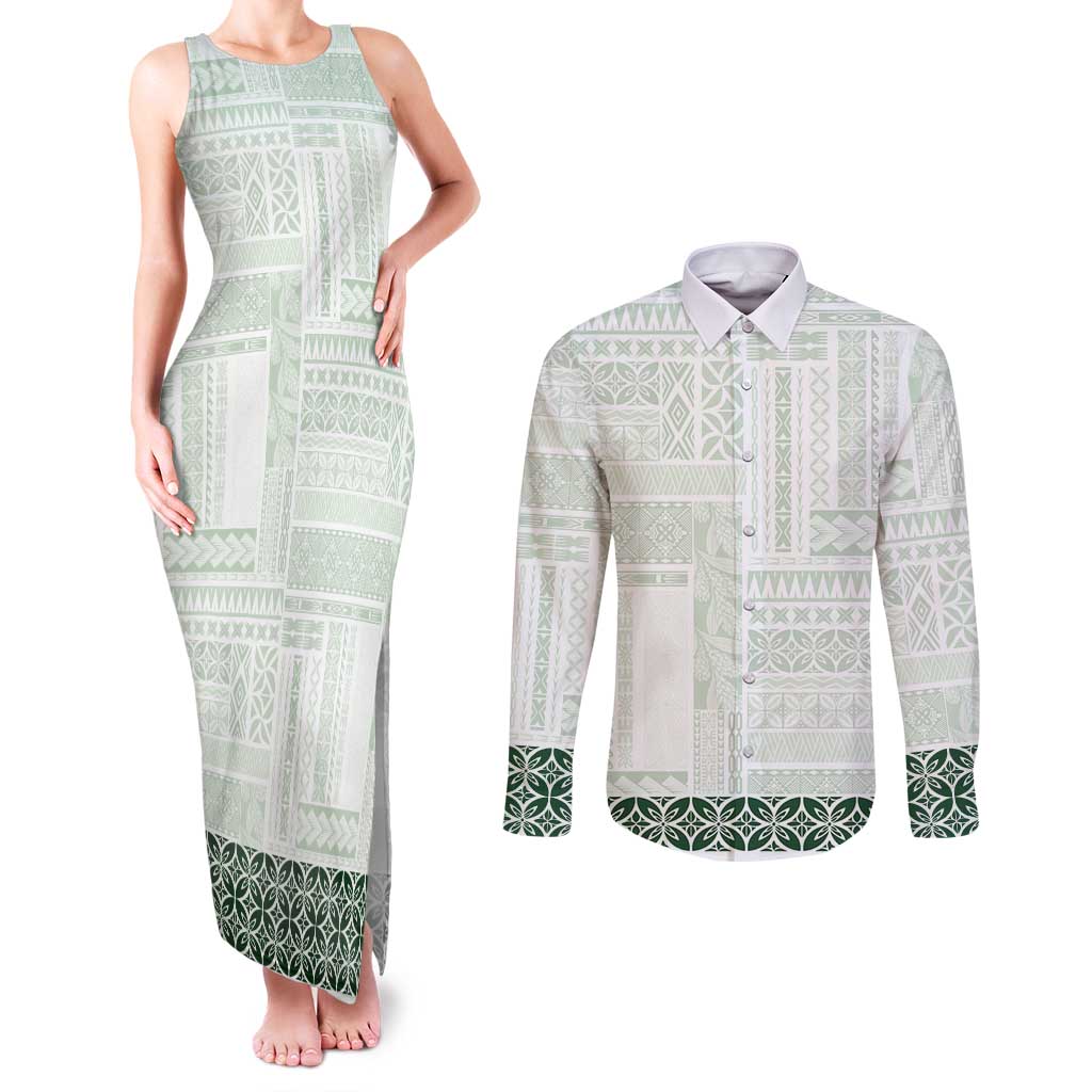Samoa Siapo Green Trimmed Couples Matching Tank Maxi Dress and Long Sleeve Button Shirt Samoa White Sunday - Polynesian Pride