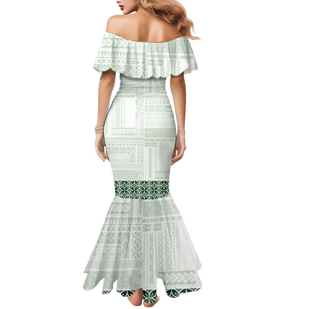 Samoa Siapo Green Trimmed Family Matching Mermaid Dress and Hawaiian Shirt Samoa White Sunday - Polynesian Pride