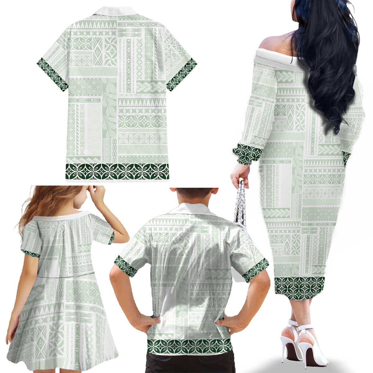 Samoa Siapo Green Trimmed Family Matching Off The Shoulder Long Sleeve Dress and Hawaiian Shirt Samoa White Sunday - Polynesian Pride