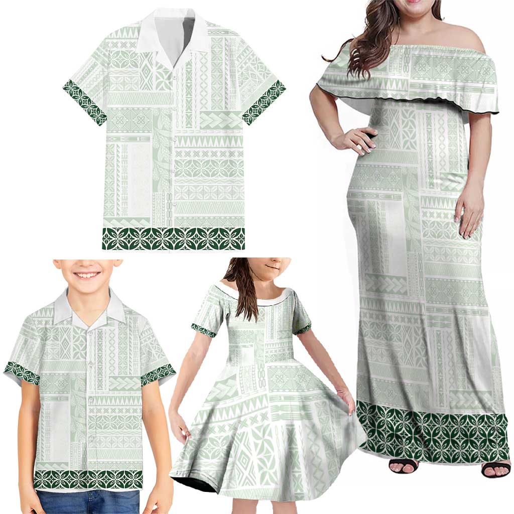 Samoa Siapo Green Trimmed Family Matching Off Shoulder Maxi Dress and Hawaiian Shirt Samoa White Sunday - Polynesian Pride