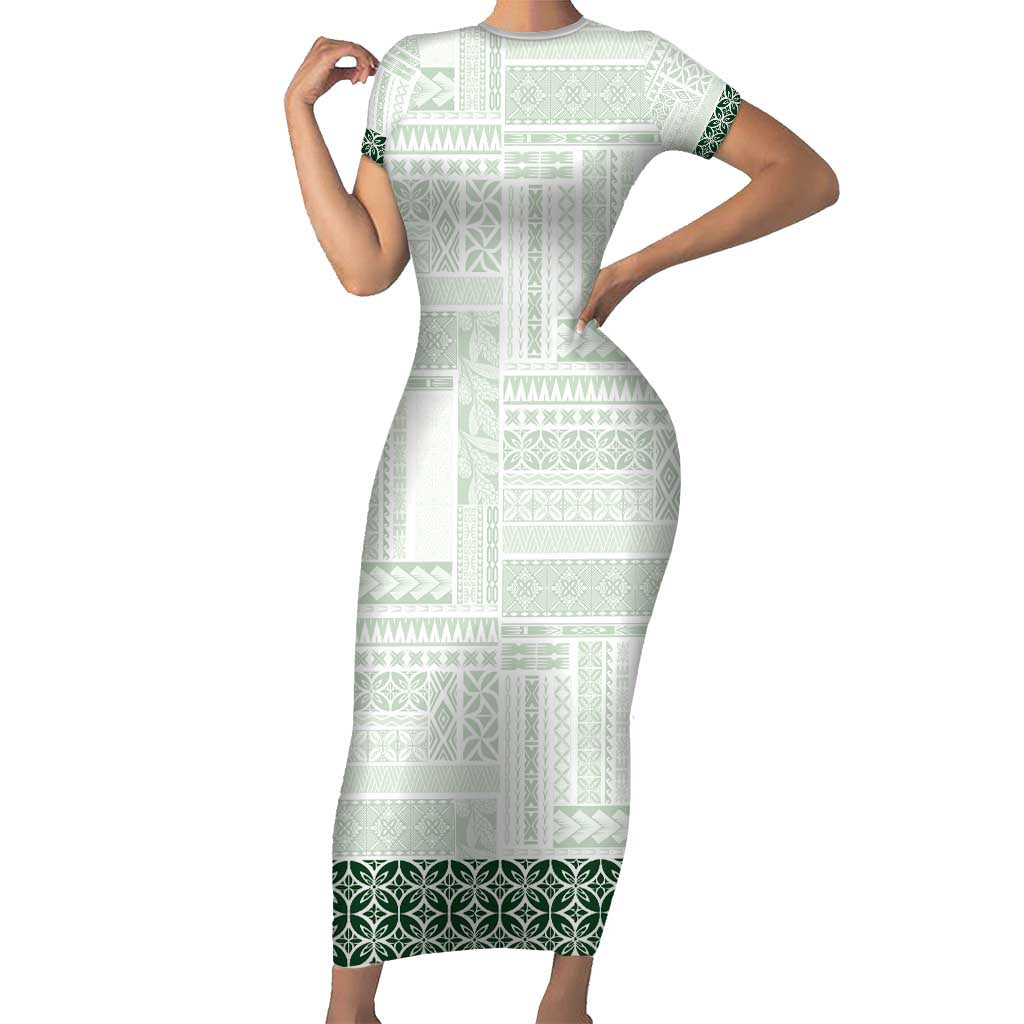 Samoa Siapo Green Trimmed Family Matching Short Sleeve Bodycon Dress and Hawaiian Shirt Samoa White Sunday - Polynesian Pride