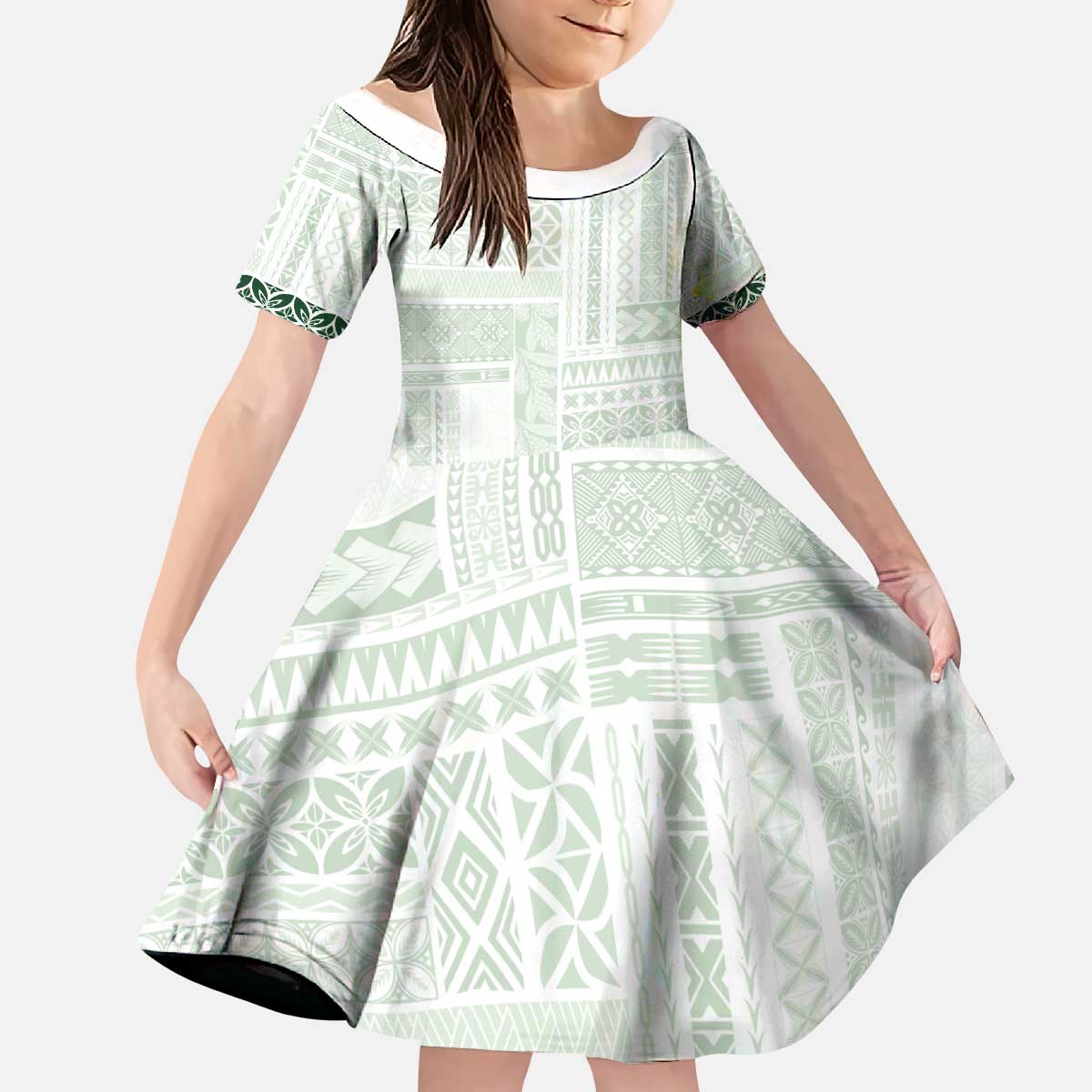Samoa Siapo Green Trimmed Kid Short Sleeve Dress Samoa White Sunday - Polynesian Pride