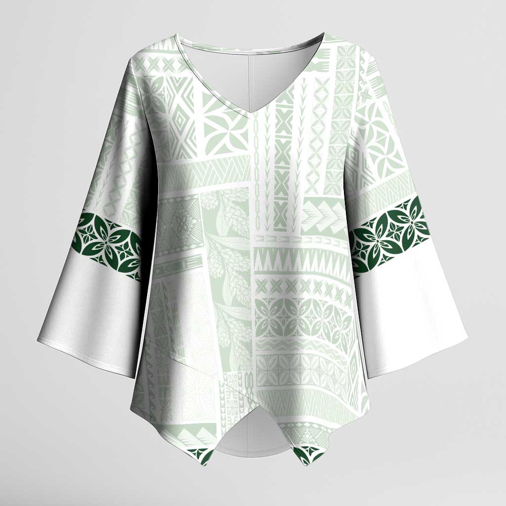 Samoa Siapo Green Trimmed Kimono Sleeve Blouse Samoa White Sunday - Polynesian Pride