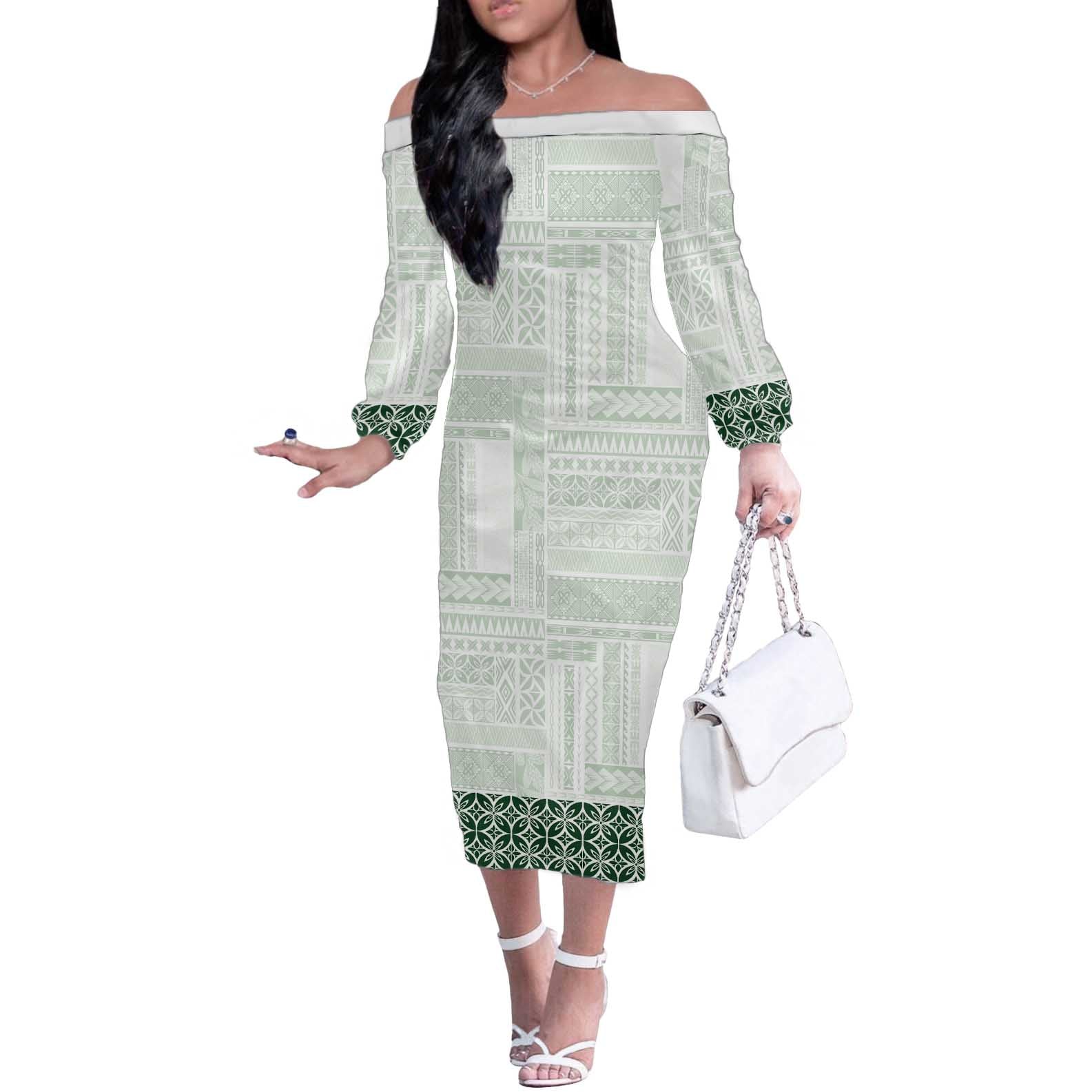 Samoa Siapo Green Trimmed Off The Shoulder Long Sleeve Dress Samoa White Sunday - Polynesian Pride