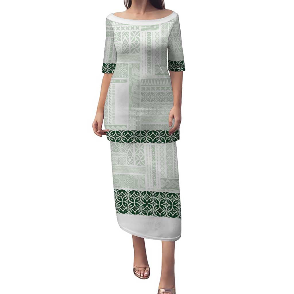 Samoa Siapo Green Trimmed Puletasi Samoa White Sunday - Polynesian Pride