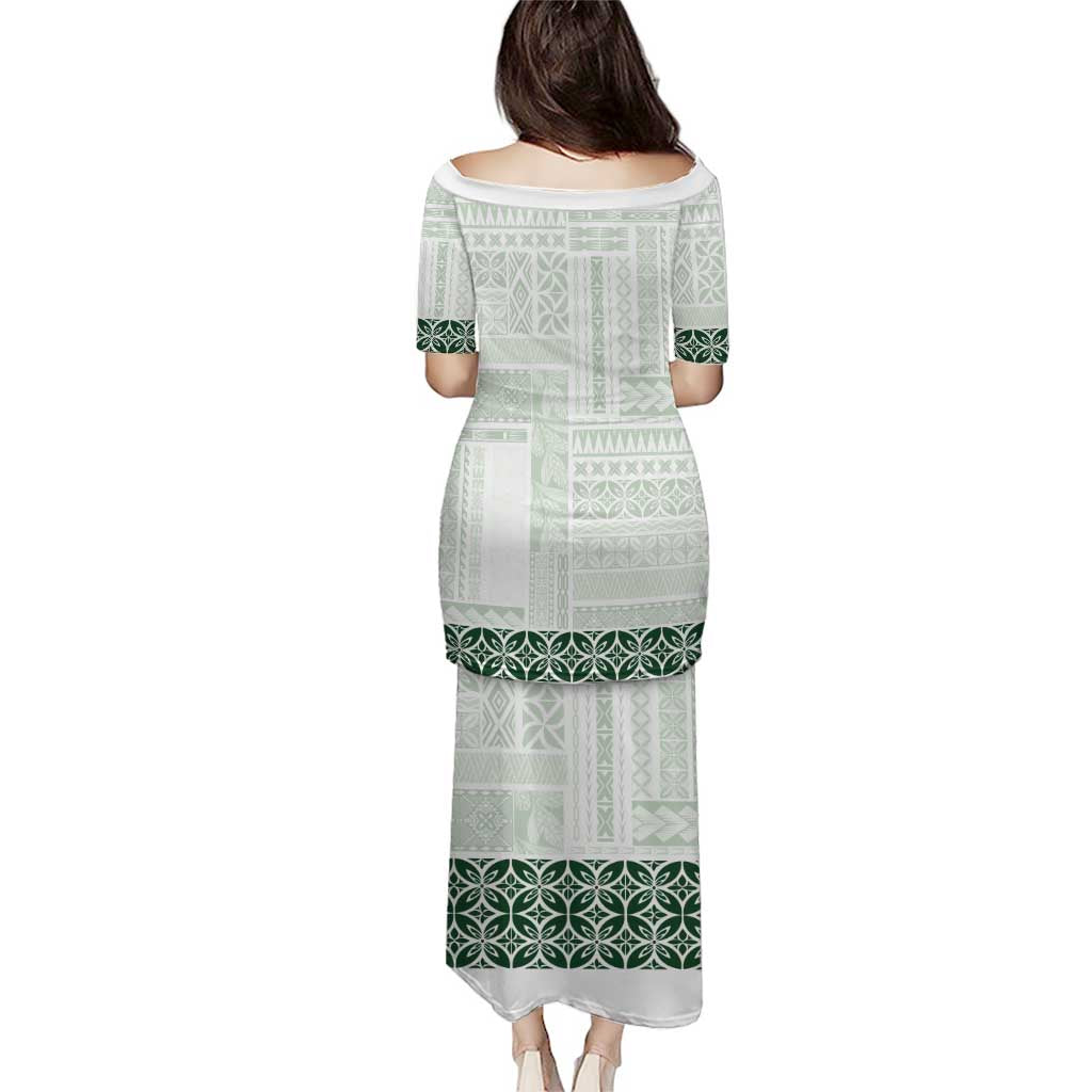 Samoa Siapo Green Trimmed Puletasi Samoa White Sunday - Polynesian Pride