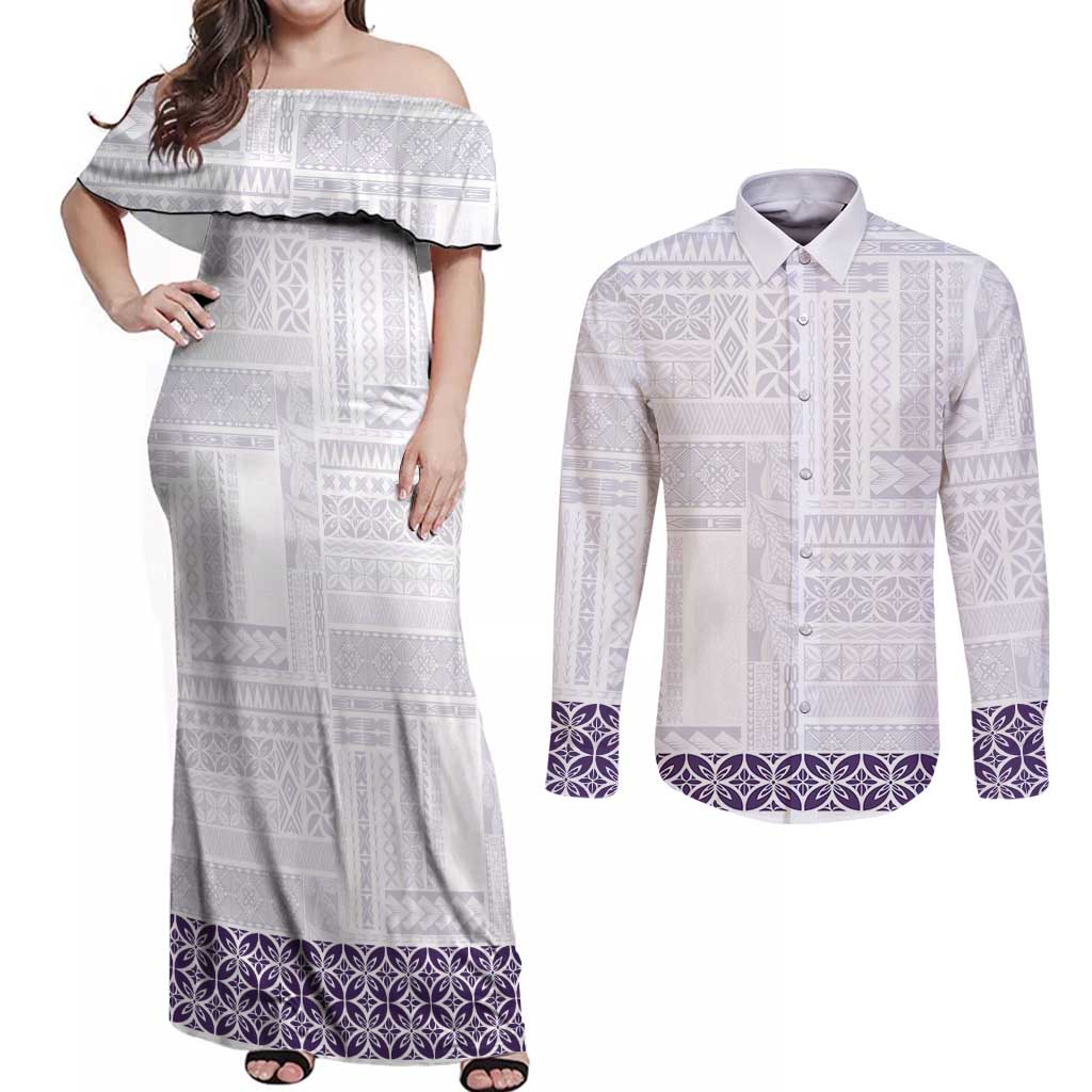 Samoa Siapo Purple Trimmed Couples Matching Off Shoulder Maxi Dress and Long Sleeve Button Shirt Samoa White Sunday - Polynesian Pride