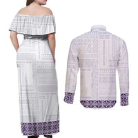 Samoa Siapo Purple Trimmed Couples Matching Off Shoulder Maxi Dress and Long Sleeve Button Shirt Samoa White Sunday - Polynesian Pride