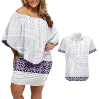 Samoa Siapo Purple Trimmed Couples Matching Off Shoulder Short Dress and Hawaiian Shirt Samoa White Sunday - Polynesian Pride