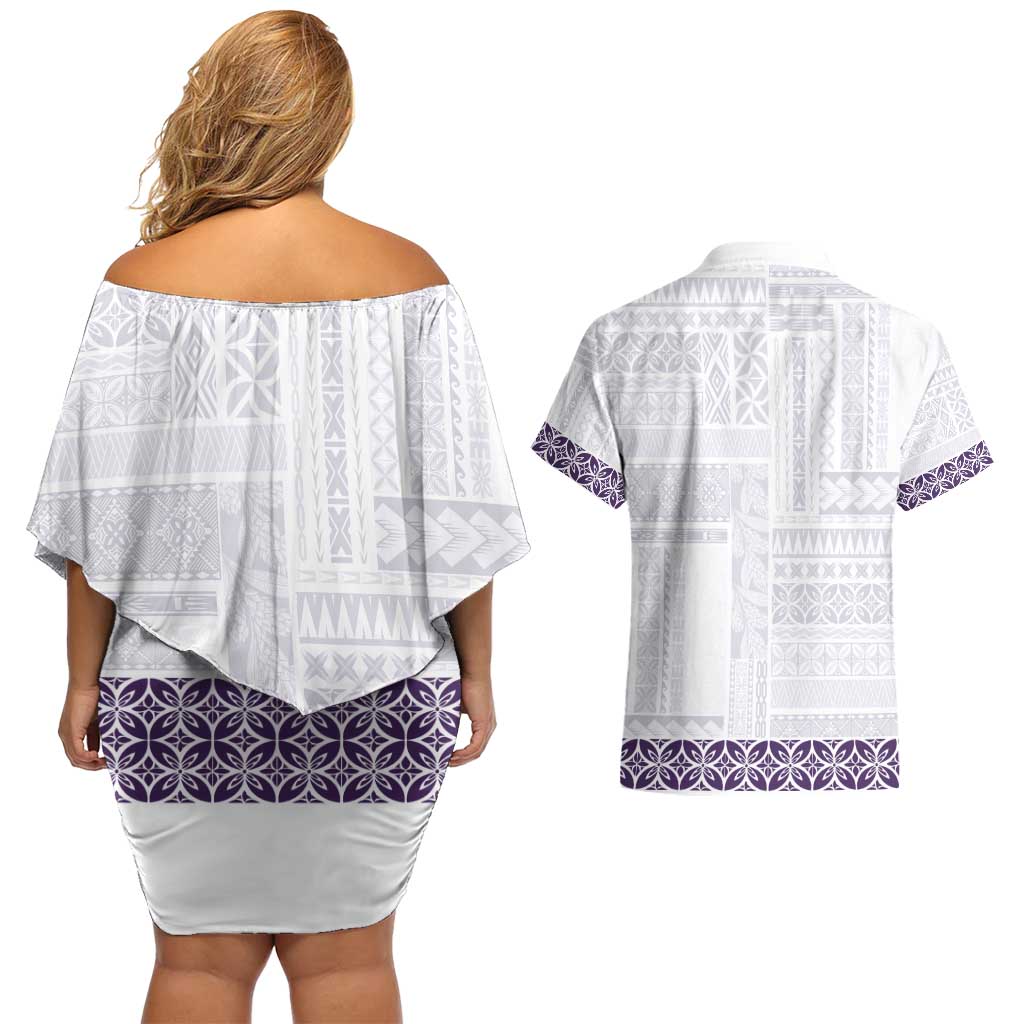 Samoa Siapo Purple Trimmed Couples Matching Off Shoulder Short Dress and Hawaiian Shirt Samoa White Sunday - Polynesian Pride