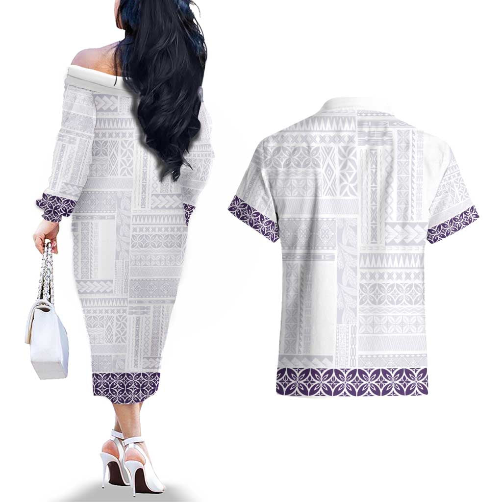 Samoa Siapo Purple Trimmed Couples Matching Off The Shoulder Long Sleeve Dress and Hawaiian Shirt Samoa White Sunday - Polynesian Pride