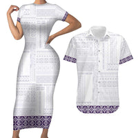 Samoa Siapo Purple Trimmed Couples Matching Short Sleeve Bodycon Dress and Hawaiian Shirt Samoa White Sunday - Polynesian Pride